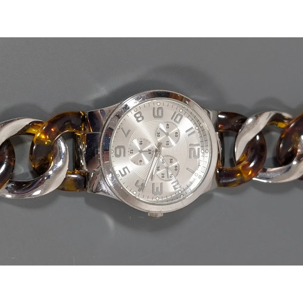 Women's Silver Tone Tortoise Link Watch Oversized Curb Chain Bracelet‎ 7